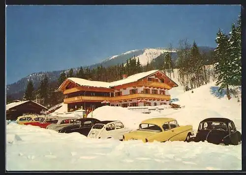 AK Sutten-Mitte /Rottach-Egern, Berggasthaus und Café Moni-Alm im tiefen Schnee