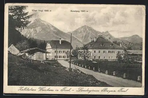 AK Pinswang /Tirol, Gasthaus-Pension Weisshaus, Zollstation Landesgrenze Bayern-Tirol mit Vilser Kogl u. Rossberg