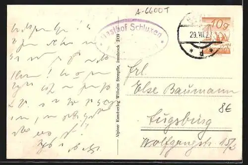 AK Schluxen /Tirol, Gasthof Schluxen mit Gipfelpanorama