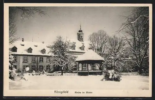 AK Königsfeld / Baden, Pavillon vor der Kirche im Winter