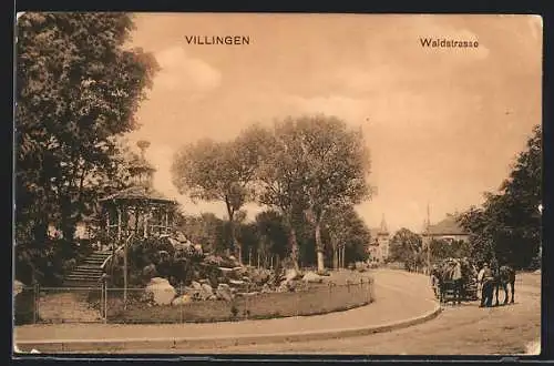 AK Villingen / Schwarzwald, Waldstrasse mit Pavillon und Pferdefuhrwerk