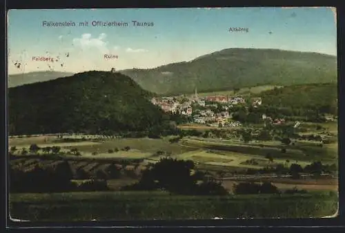 AK Falkenstein / Taunus, Teilansicht mit Offizerheim, Ruine, Feldberg und Altkönig