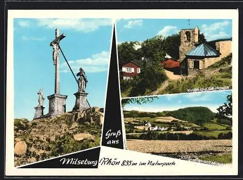 AK Milseburg / Hotel, Gipfelkreuz, Kirche und Schutzhütte, Ortsansicht mit Kleinsassen