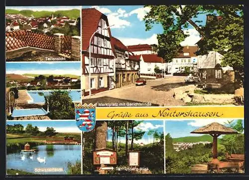AK Nentershausen / Hess., Marktplatz mit Gerichtslinde, Freibad, Schwanenteich, Tannenberg-Blick