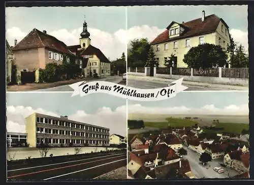 AK Mühlhausen / Mittelfranken, Strassenpartie mit Kirche, Schule und Panorama