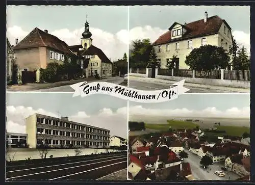 AK Mühlhausen / Mittelfranken, Strassenpartie mit Kirche, Schule und Panorama