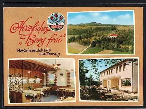 AK Staffelstein / Obfr., Das Naturfreundehaus am Dornig, mit Terrasse und Innenansicht