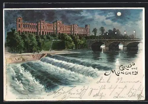 Lithographie München, Königliches Maximilianeum mit Brücke