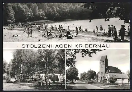 AK Stolzenhagen / Bernau, Blick auf die Kirche, Campingplatz, Strandpartie