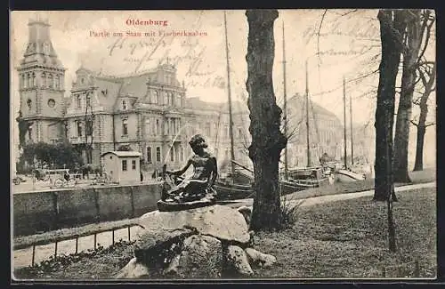 AK Oldenburg / Oldenburg, Partie am Stau mit Fischerknaben