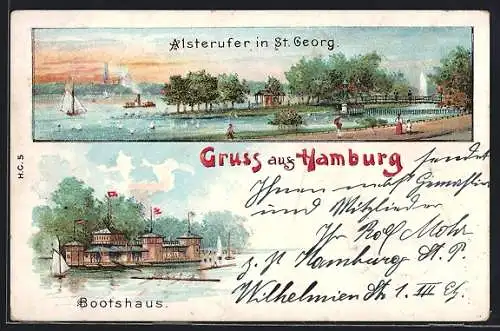 Lithographie Hamburg, Alsterufer in St. Georg, Bootshaus