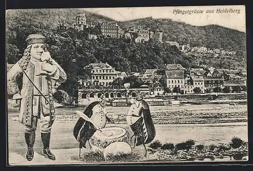 AK Heidelberg / Neckar, Vermenschlichte Maikäfer beim Trinken, Pfingstkarte