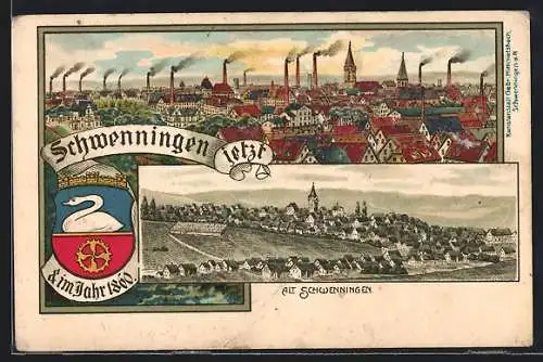 Lithographie Schwenningen / Neckar, Totalansichten Jetzt & im Jahr 1860, Stadtwappen