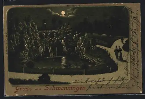 Mondschein-Lithographie Schwenningen / Neckar, Die Neckarquelle bei Nacht