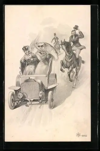 Künstler-AK Damen in einem Auto, Reiter zu Pferd