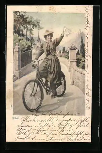AK Allheil!, Winkende Dame auf Fahrrad