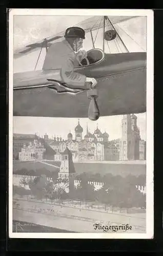 Künstler-AK Pilot im Flugzeug wirft Last über dem Ort ab, Fliegergrüsse