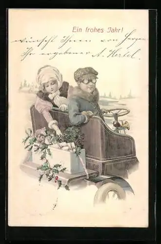 Künstler-AK Kinder im Auto mit Geschenken