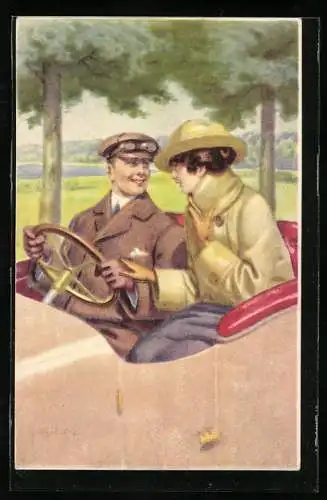 Künstler-AK Elegantes Paar in einem Auto