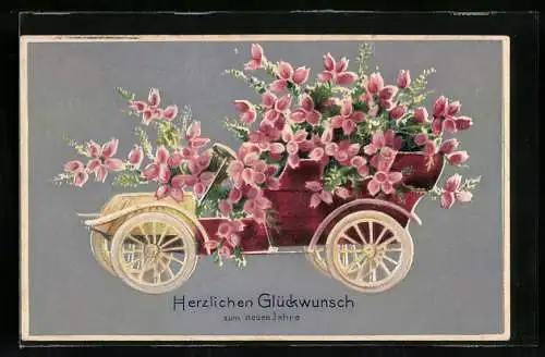 AK Namenstag, Hoch Therese, Automobil voller Blumen