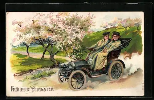 Künstler-Präge-AK Fröhliche Pfingsten, Pärchen mit Auto zur Blüte