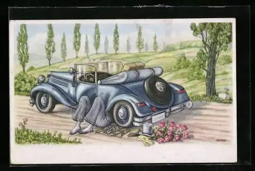 Künstler-AK Mann repariert sein Auto