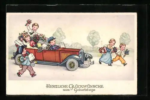 Künstler-AK Auto mit Kindern und Blumen