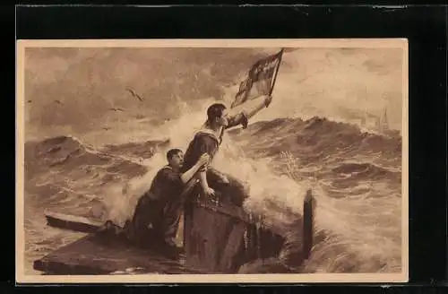 Künstler-AK sign. Schneider: Helden, Matrosen eines Kriegsschiffes mit Fahne trotzen dem tosendem Meer