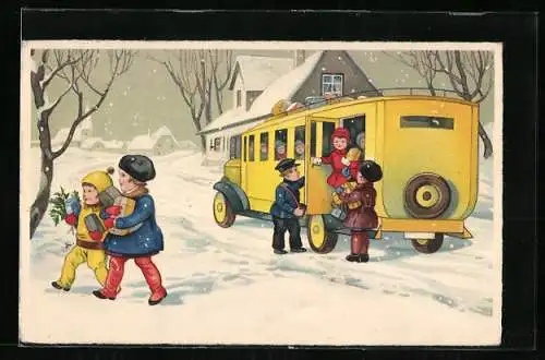 Künstler-AK Autobus mit Kindern im Schnee