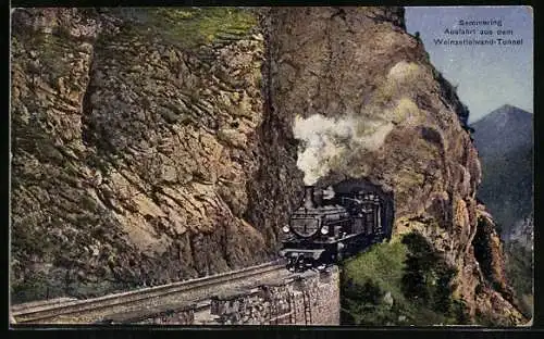 AK Semmering, Eisenbahn bei der Ausfahrt aus dem Weinzettelwand-Tunnel