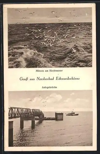 AK Eckwarderhörne, Anlegebrücke und Dampfer, Möwen am Heckwasser