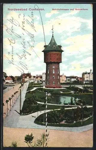 AK Cuxhaven, Bahnhofstrasse und Wasserturm