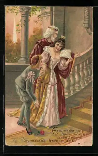 AK Szene eines Märchens, Alter König mit junger Frau & Diener