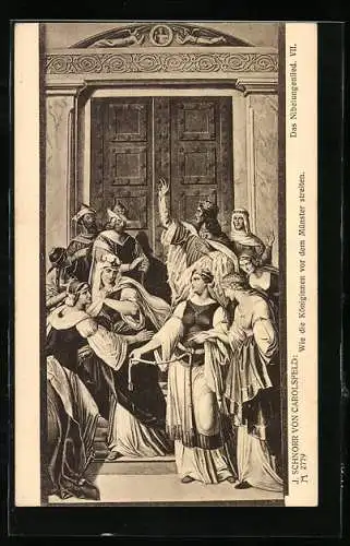 Künstler-AK Nibelungen VII, Königinnen streiten vor dem Münster