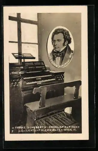 AK Wien, Franz Schubert und sein Orgelspieltisch in der Lichtentalerkirche