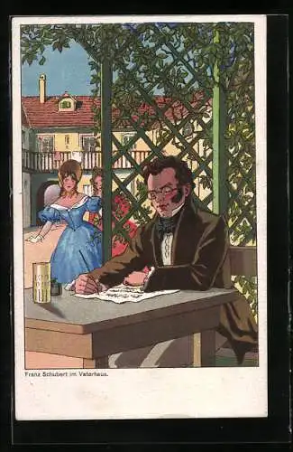 AK Franz Schubert im Vaterhaus und zwei Frauen