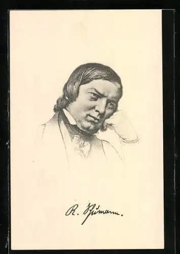 Künstler-AK Portrait des Komponisten Robert Schumann in nachdenklicher Pose