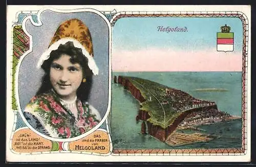 AK Helgoland, Frau in Tracht, Blick auf die Insel