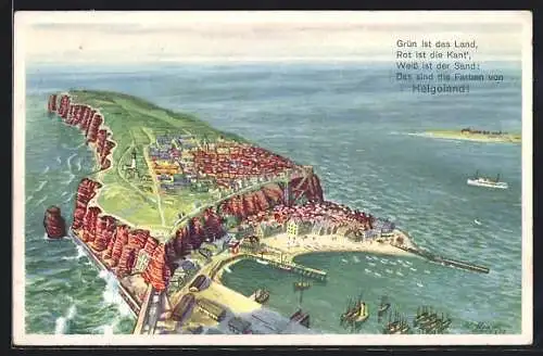 Künstler-AK Helgoland, Totalansicht, Luftaufnahme