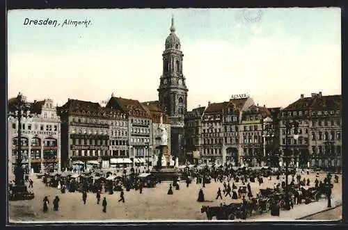 AK Dresden, Altmarkt mit Geschäften und Denkmal