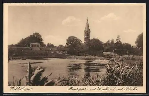 AK Wildeshausen, Huntepartie mit Denkmal und Kirche