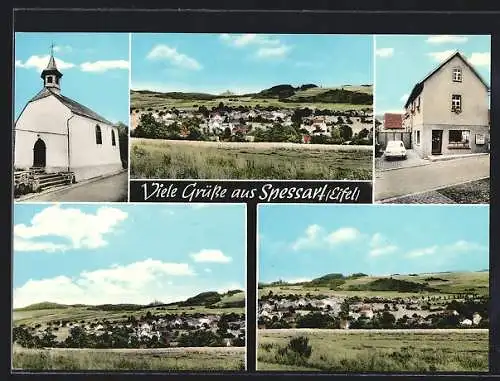 AK Spessart /Eifel, Geschäft Alfred Gross, Kirche und Ortsansicht