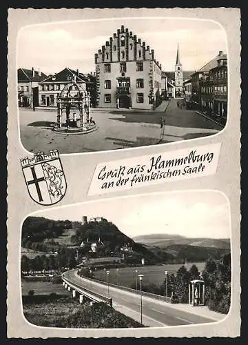 AK Hammelburg, Rathaus am Marktplatz, Autobahnabschnitt, Wappen
