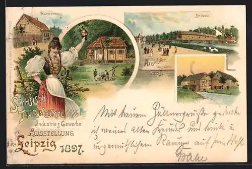 Lithographie Leipzig, Sächsisch-Thüringische Industrie-u. Gewerbeausstellung 1897, Dorfansichten mit Bauernhaus, Brücke
