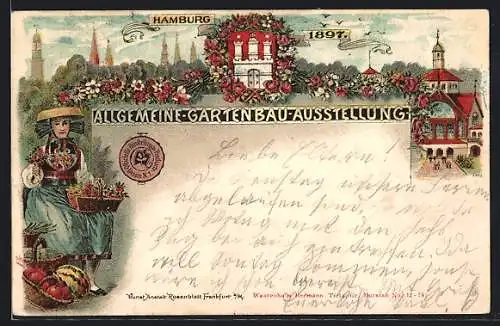 Lithographie Hamburg, Allgemeine Gartenbau-Ausstellung 1897, Hamburger Blumenmädchen und Wappen