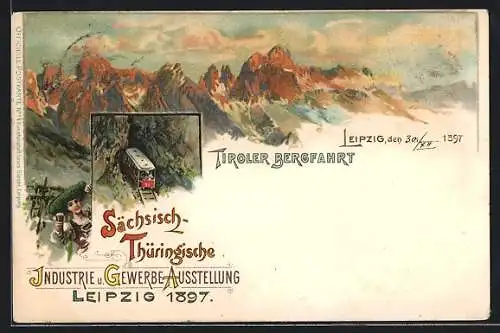Lithographie Leipzig, Sächsisch-Thüringische Industrie u.Gewerbe-Ausstellung 1897, Frau mit Bierglas, Bergbahn