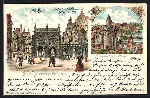 Lithographie Berlin, Gewerbe-Ausstellung in Berlin 1896, Spandauer Strasse m.d. Gerichtslaube, 2 Ansichten