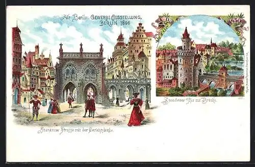 Lithographie Berlin, Gewerbe-Ausstellung 1896, Spandauer Strasse mit der Gerichtslaube