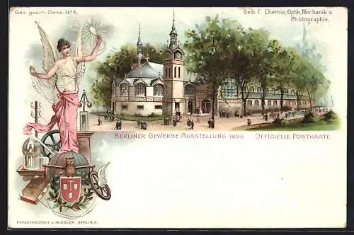 Lithographie Berlin, Gewerbe-Ausstellung 1896, Gebäude f. Chemie & Optik, Engel, Wappen