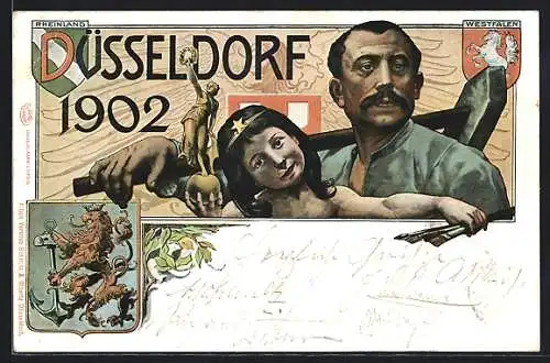 AK Düsseldorf, Industrie- und Gewerbeaustellung 1902, Wappen, Arbeiter mit Hammer, Mädchen mit Pinsel und Figur